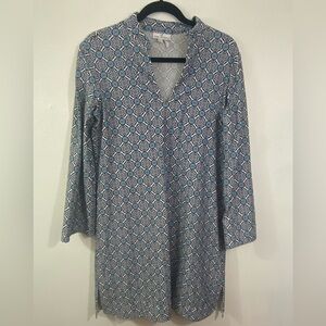 Jude Connally Megan Shift Dress V-Neck 3/4 Sleeve Blue Print Mod Cloth Tunic L